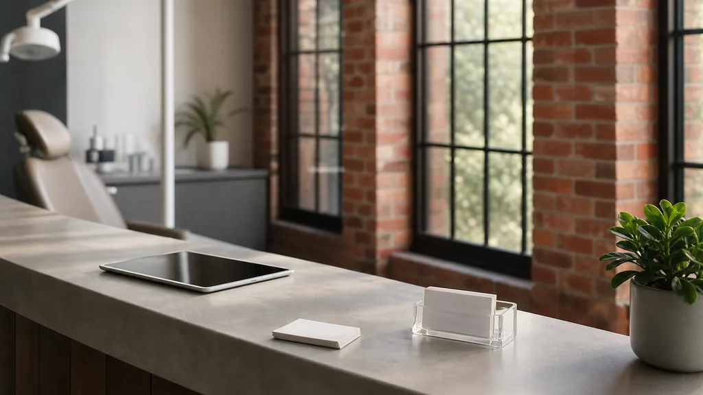 Editorial photograph of a calm modern dental reception counter with a tablet and appointment cards beside red brick warehouse windows in soft Birmingham morning light