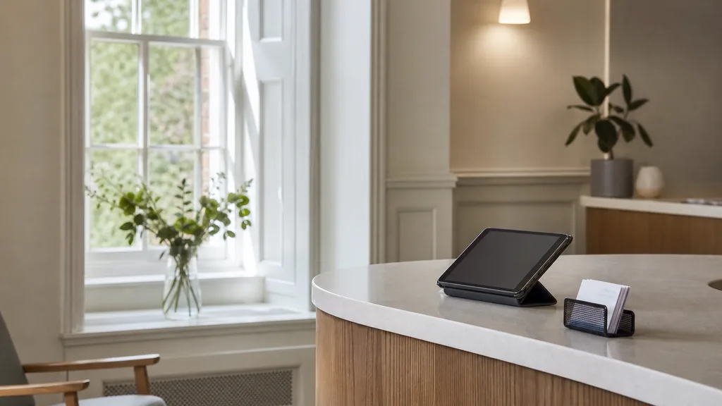 Editorial photograph of a calm modern dental reception counter with a tablet and appointment cards beside a tall Georgian sash window in soft northern morning light