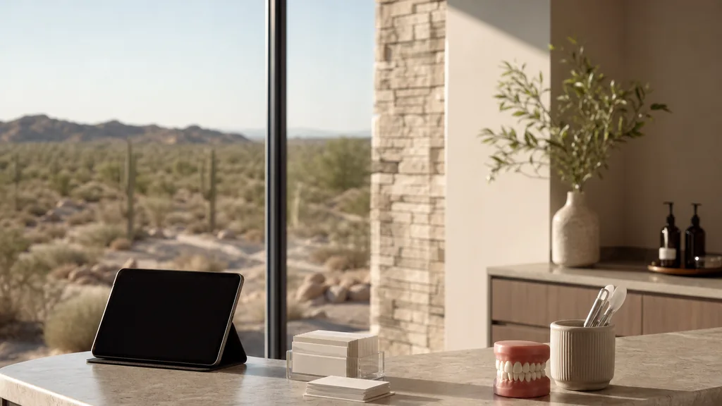Editorial photograph of a calm modern dental reception counter with a tablet and appointment cards beside a wide desert-facing window in soft warm morning light