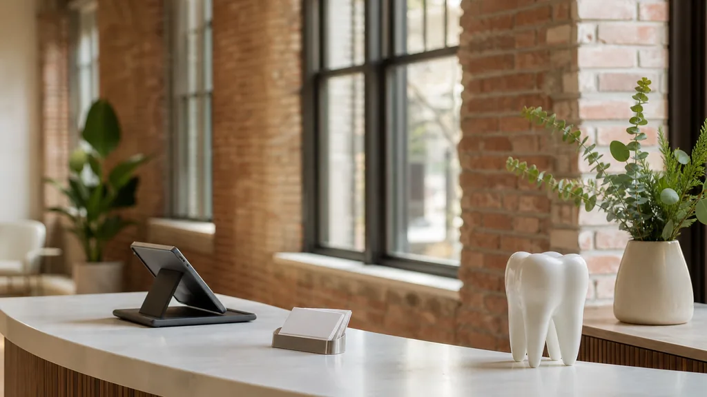 Editorial photograph of a calm modern dental reception counter with a tablet and appointment cards beside tall red brick warehouse windows in soft northern morning light