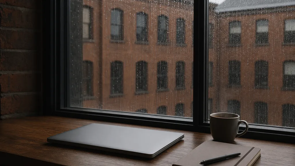 Editorial photograph of a quiet London office desk with a laptop showing a blank campaign dashboard, a notebook and a cooling coffee beside a rain-streaked window looking onto brick warehouse buildings in flat grey morning light