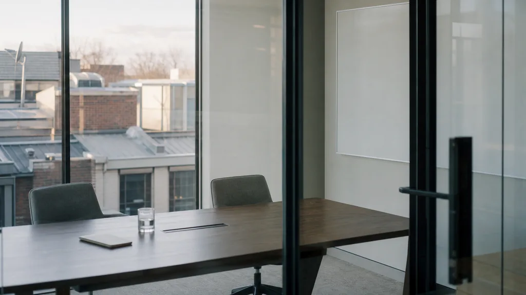 Editorial photograph of an empty glass-walled meeting room high in a downtown Toronto tower with a long table, two chairs pushed back and a whiteboard wiped clean, city rooftops visible through the window in pale winter afternoon light