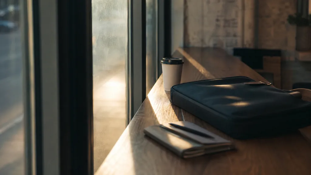 Editorial photograph of a narrow city coffee counter beside a laptop bag and a folded notebook, low sun through tall windows onto a bare wooden bench, no people