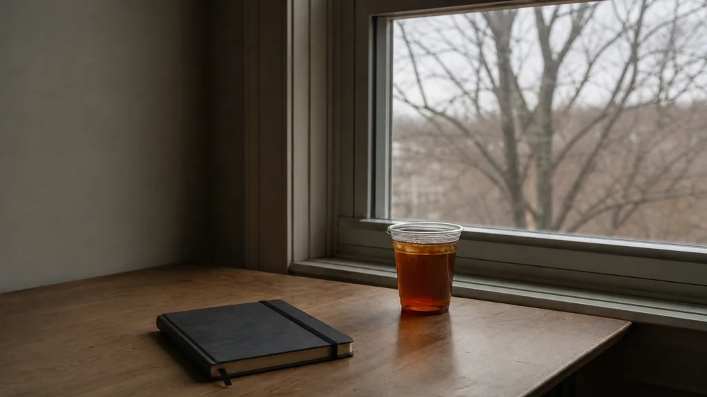 Editorial photograph of a plain wooden desk beside a tall sash window with bare branches outside, a closed notebook and a cold cup of tea, thin winter daylight, no people