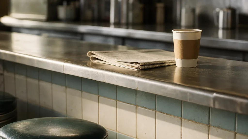 Editorial photograph of a worn diner counter beside a folded newspaper and a paper coffee cup, morning light falling across chrome and tile, no people