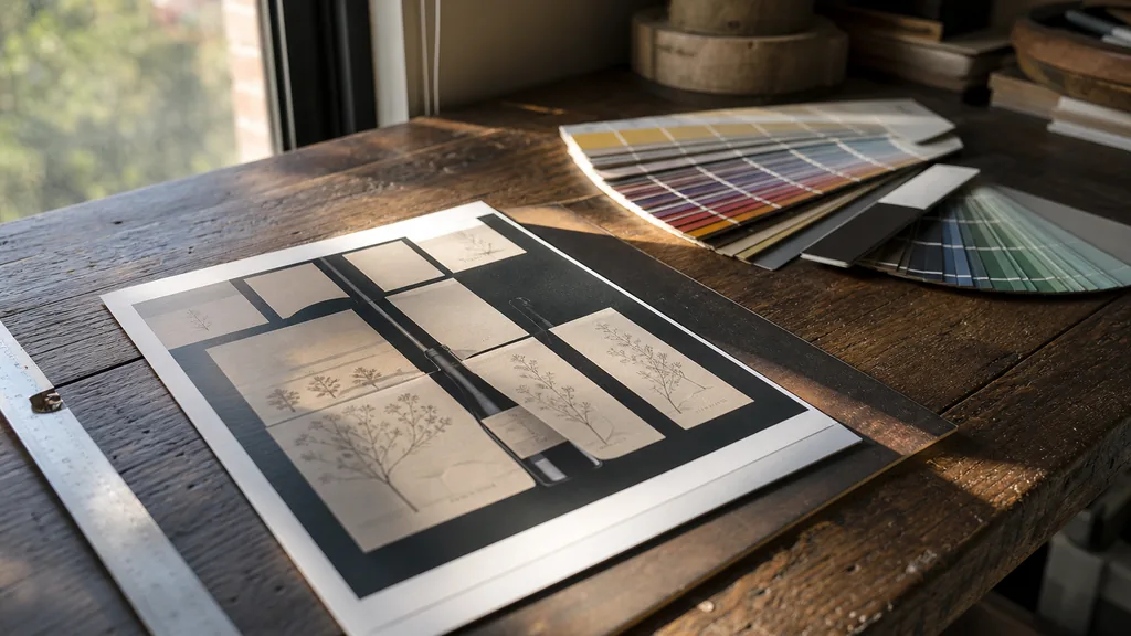 Editorial photograph of a wine label proof sheet and colour swatch fans on a timber studio bench beside a window in warm South Australian afternoon light