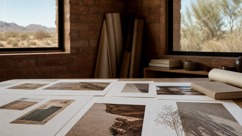Editorial photograph of a designer proofing printed brand collateral on a broad studio table with adobe brickwork and high desert light through the window