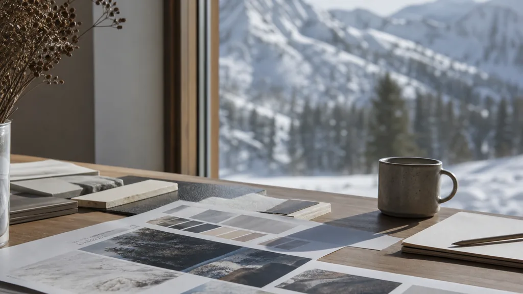 Editorial photograph of a design studio desk with printed brand boards and a mug beside a window looking onto snow covered mountains in low Alaskan winter light