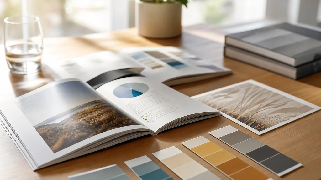 Editorial photograph of an annual report spread and accessibility colour contrast swatches laid out on a desk in a bright Clarendon office in soft morning light