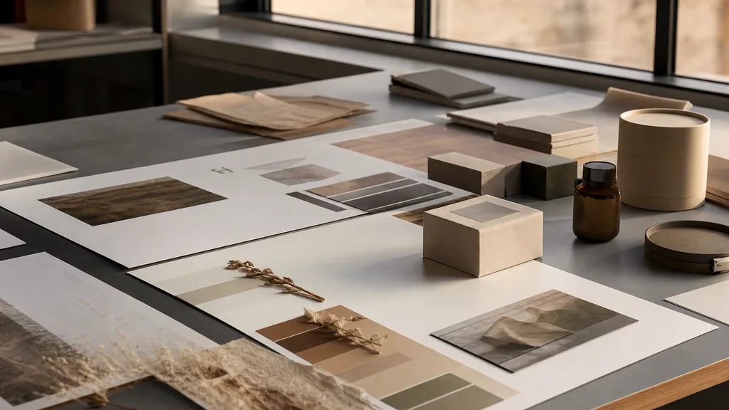 Editorial photograph of printed brand boards and packaging mockups laid out on a broad studio table beside a tall window in warm Georgia afternoon light