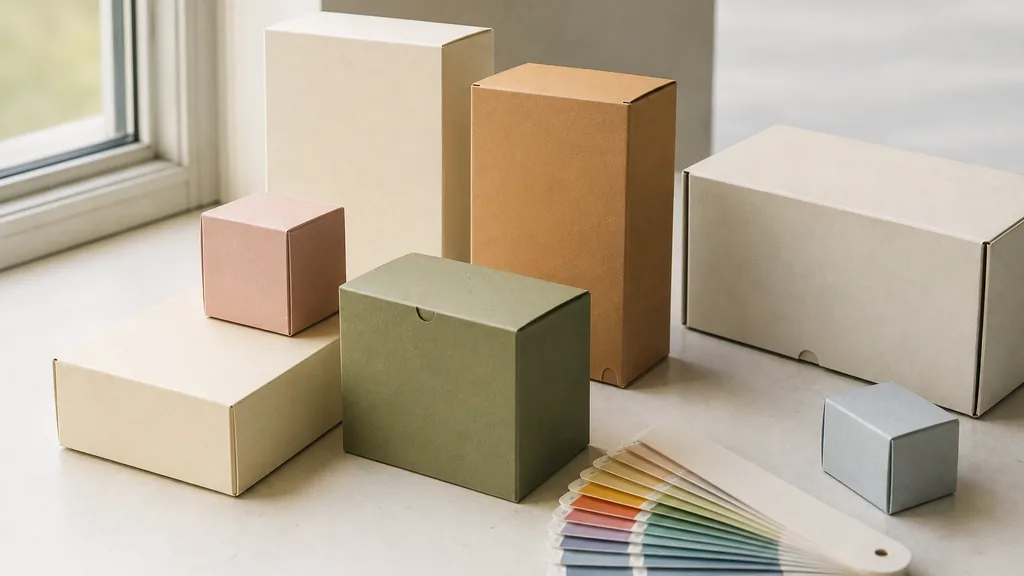 Editorial photograph of retail packaging mockups and a colour swatch fan arranged on a pale studio table beside a window in bright Texas morning light