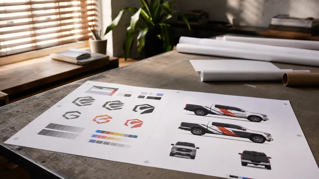 Editorial photograph of a printed logo proof sheet and vehicle graphic mockups on a workbench in a quiet studio with warm Central Valley light through blinds