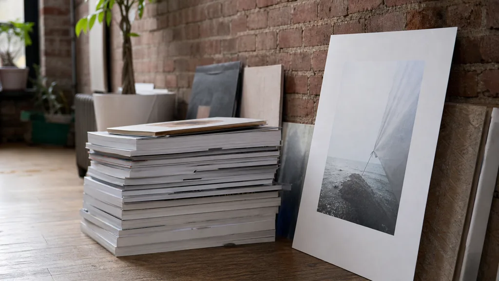 Editorial photograph of a stack of printed publications and a poster proof leaning against a brick wall in a rowhouse studio in soft mid Atlantic daylight