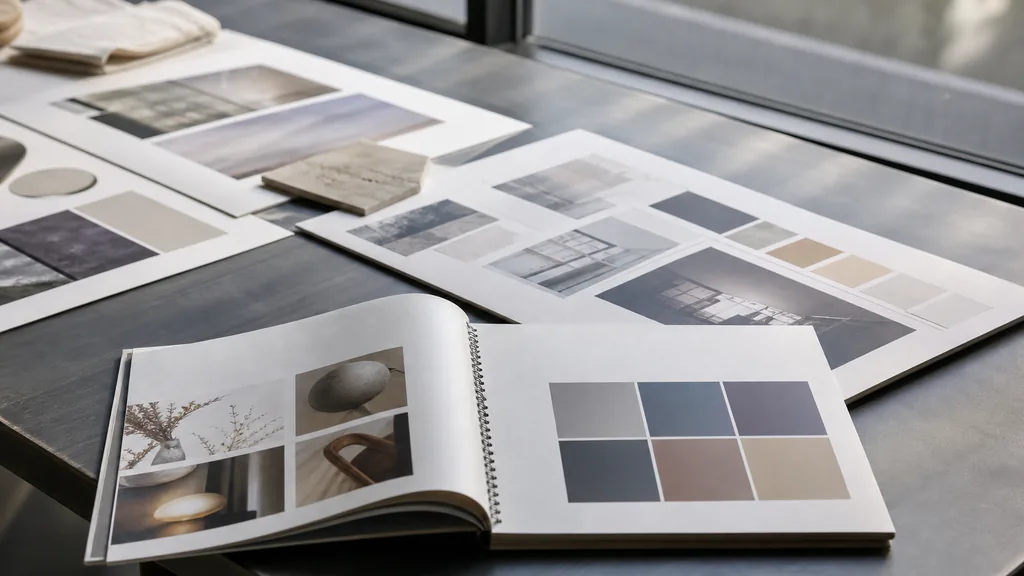 Editorial photograph of printed brand boards and a bound guidelines manual on a wide studio table beside a tall window in cool New England morning light