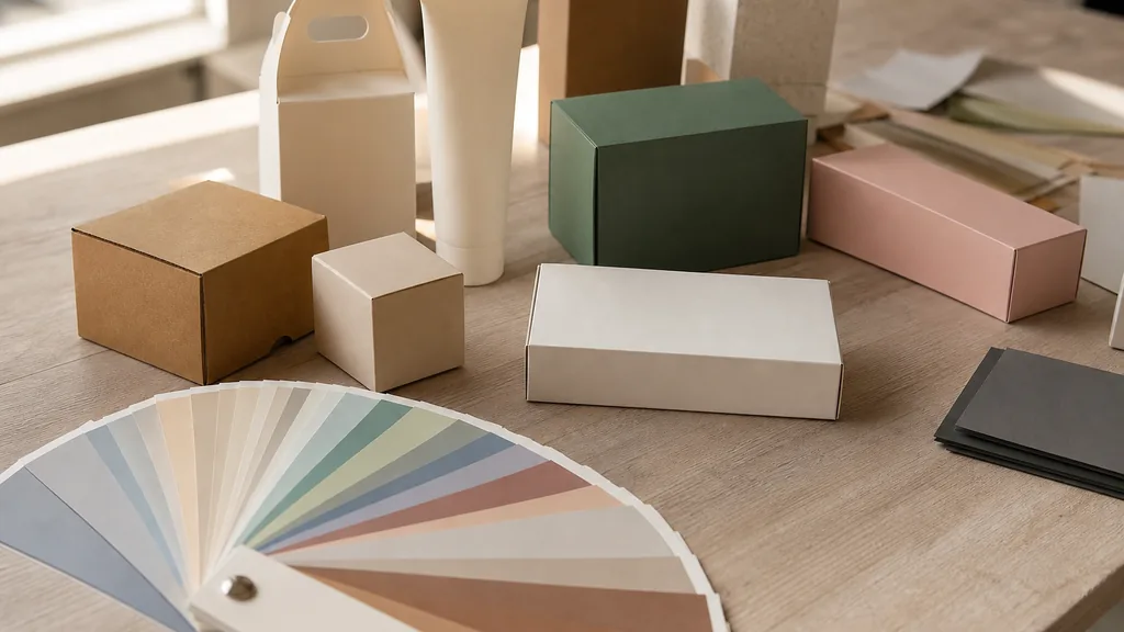 Editorial photograph of packaging mockups and a colour swatch fan arranged on a pale timber studio table beside a window in bright subtropical Queensland light