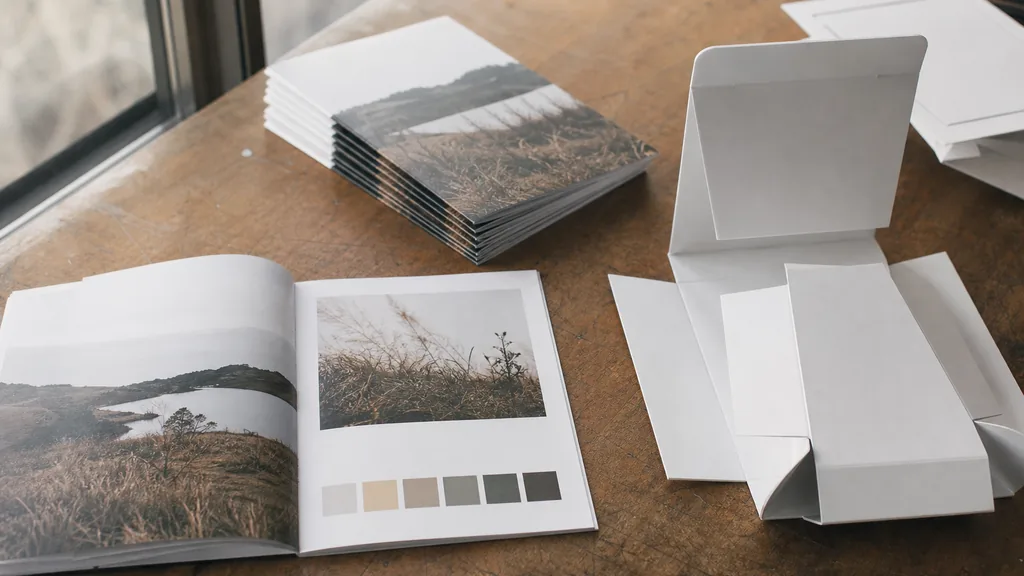 Editorial photograph of printed brochures and a shelf ready packaging proof laid out on a worn studio bench in soft south west English daylight
