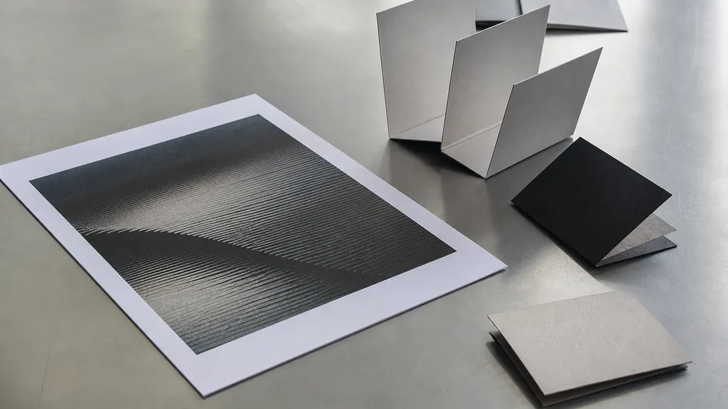 Editorial photograph of a printed identity proof and folded stationery samples on a metal studio table under grey West Midlands window light