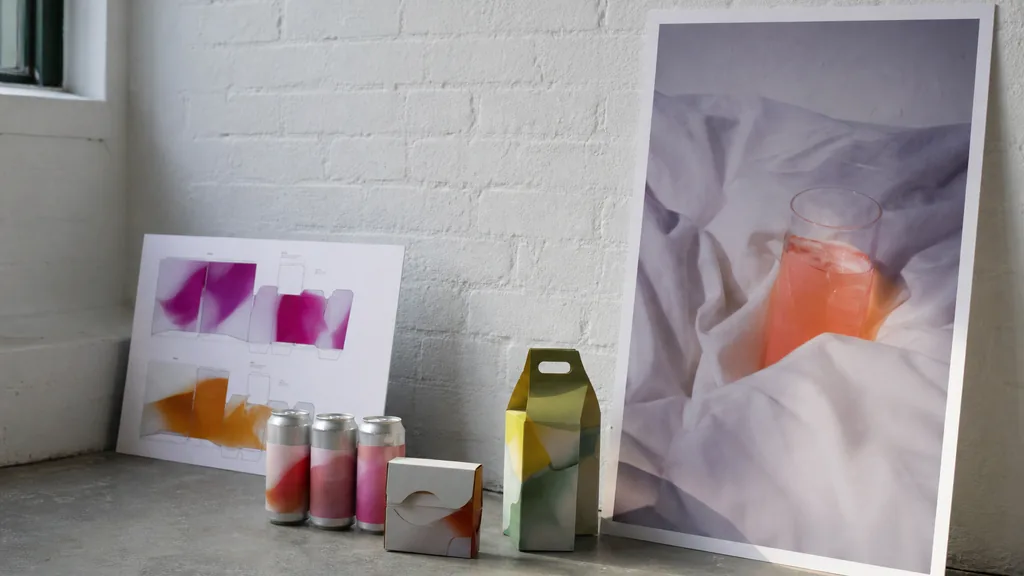 Editorial photograph of drinks packaging proofs and a printed poster leaning against a painted brick studio wall in soft Northern Ireland daylight
