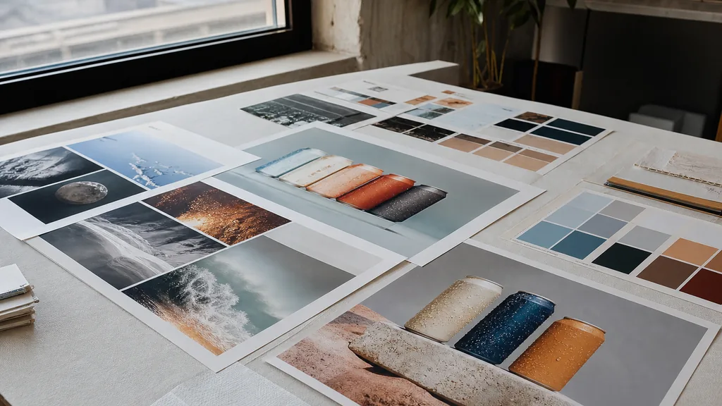 Editorial photograph of printed brand boards and beverage label proofs spread across a wide studio table beside a tall window in cool Alberta morning light