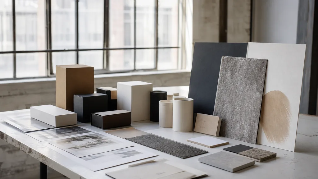 Editorial photograph of packaging mockups and printed identity boards arranged on a long table in a loft studio with grey Midwestern daylight through steel windows