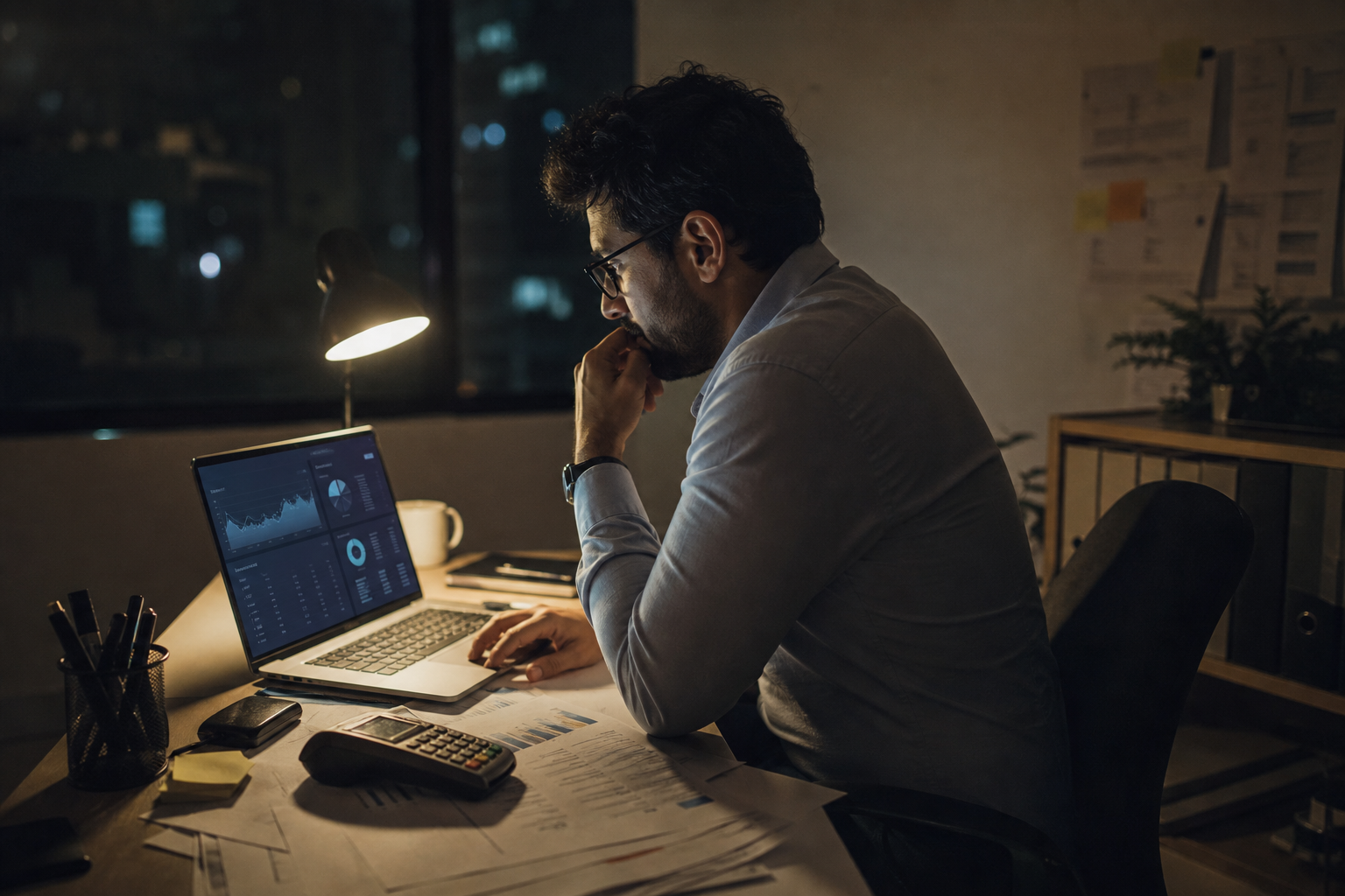 Fintech product lead reviewing a payments dashboard late in the evening, printed reconciliation sheets and a card reader on the desk