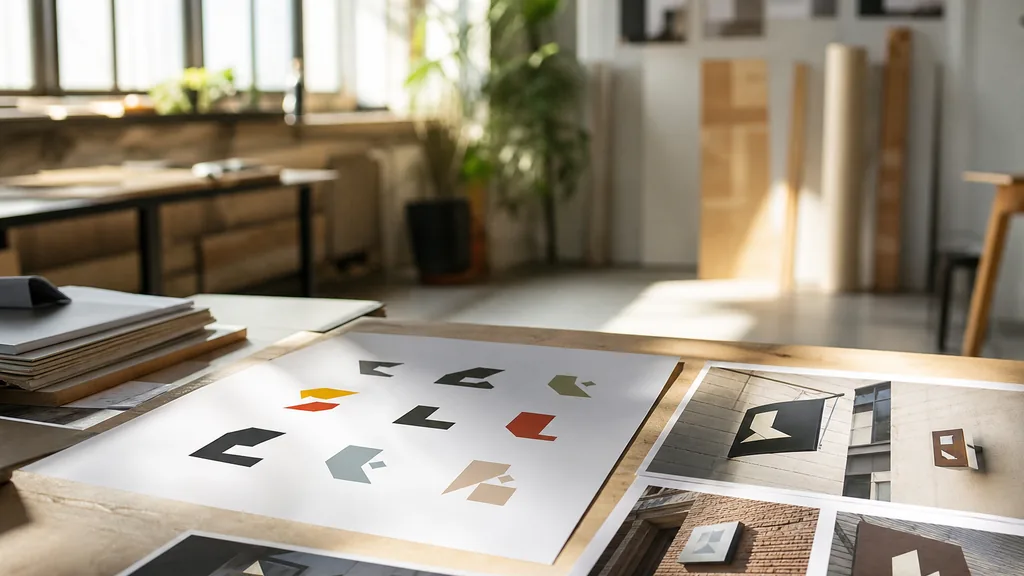 Editorial photograph of a printed logo proof sheet and signage mockups on a workbench in a bright downtown studio with strong Texas afternoon light