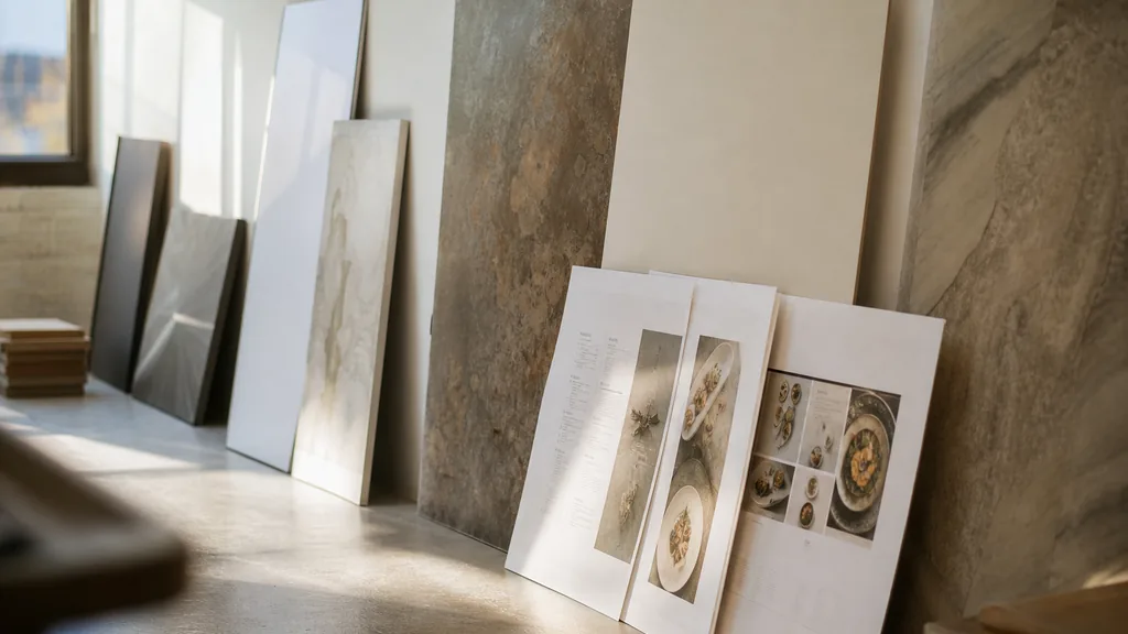 Editorial photograph of exhibition signage panels and printed menu proofs leaning against a studio wall in warm Gulf Coast light through a wide window