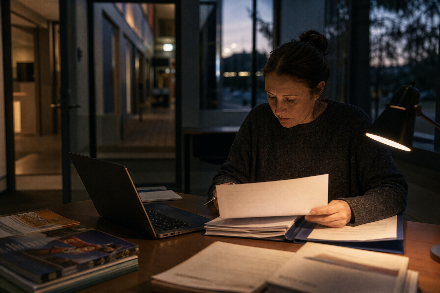 Admissions officer reviewing enrolment paperwork in a quiet campus office at dusk