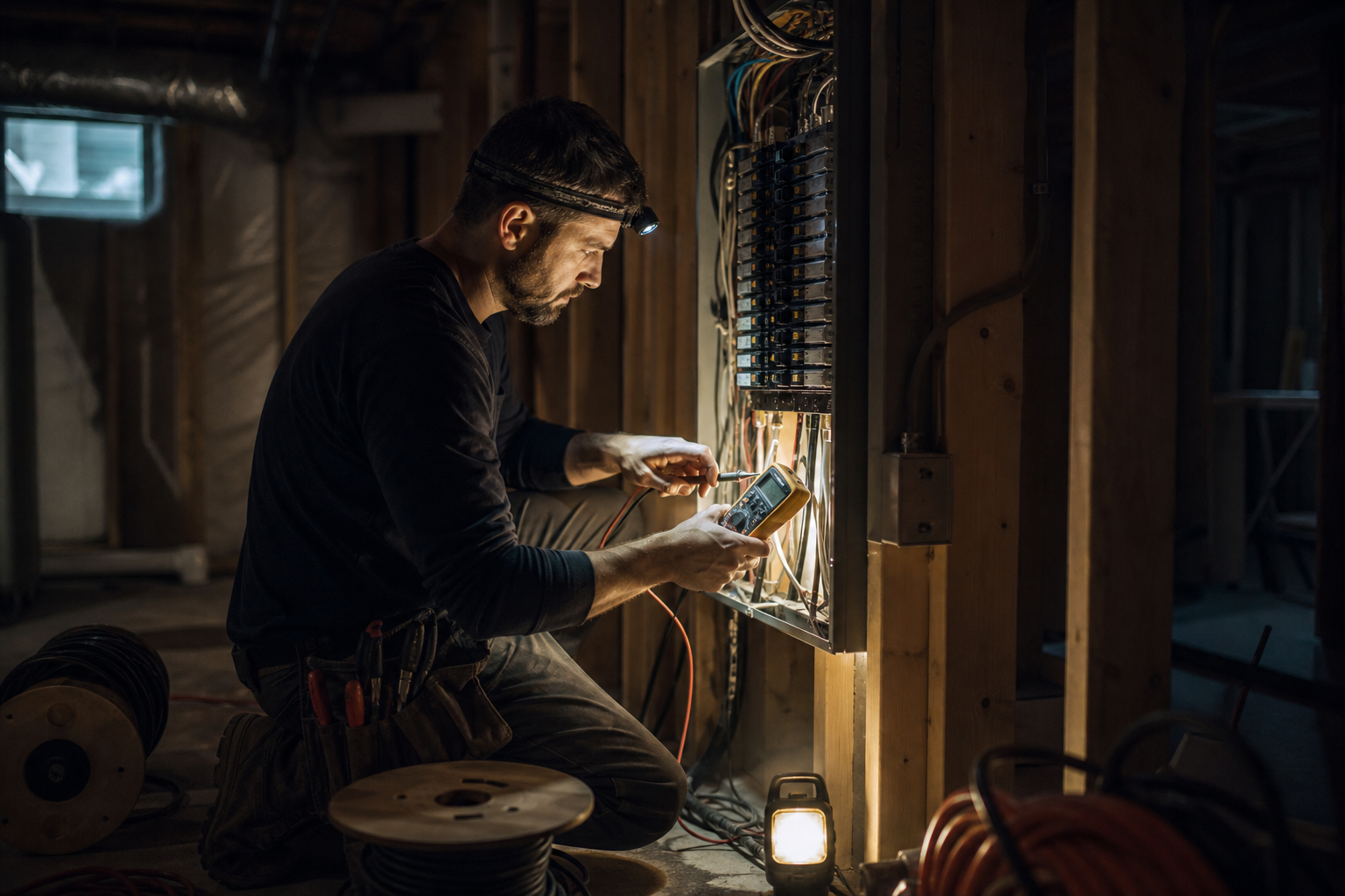 Electrician testing a residential electrical panel by work light in a basement