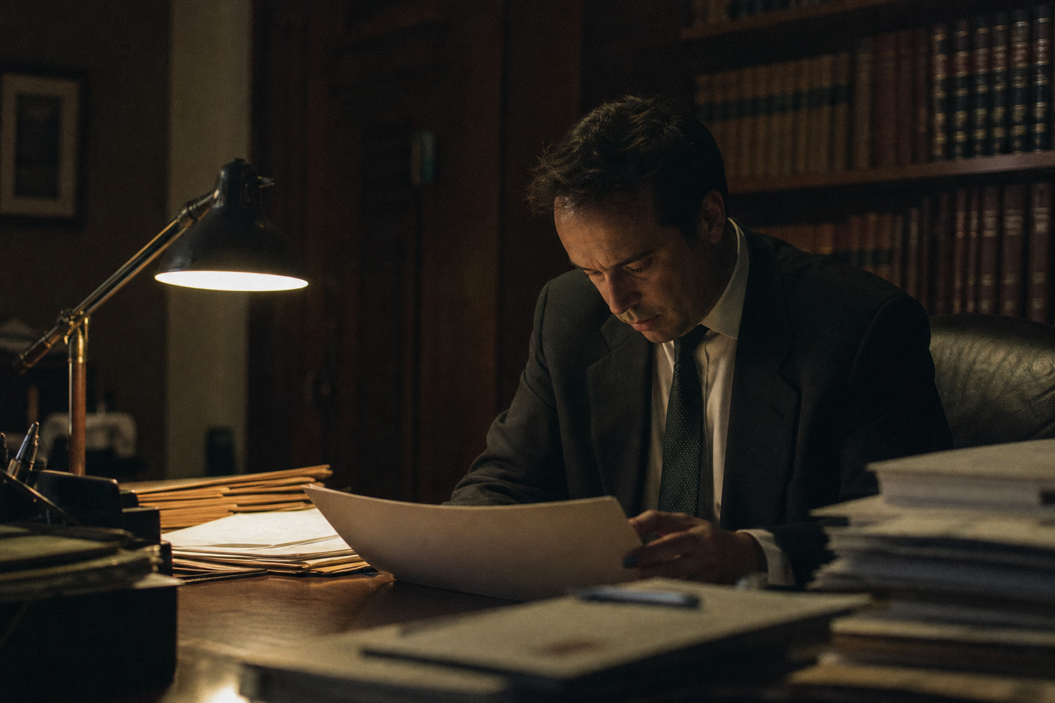 Defence lawyer reading a case file under a desk lamp in a wood-panelled office at night