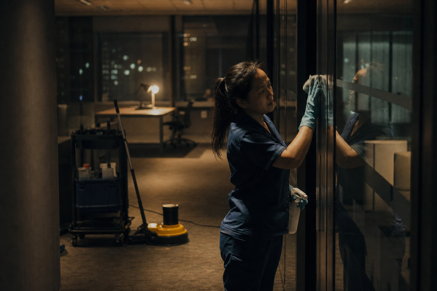 Commercial cleaner wiping an office glass partition after hours