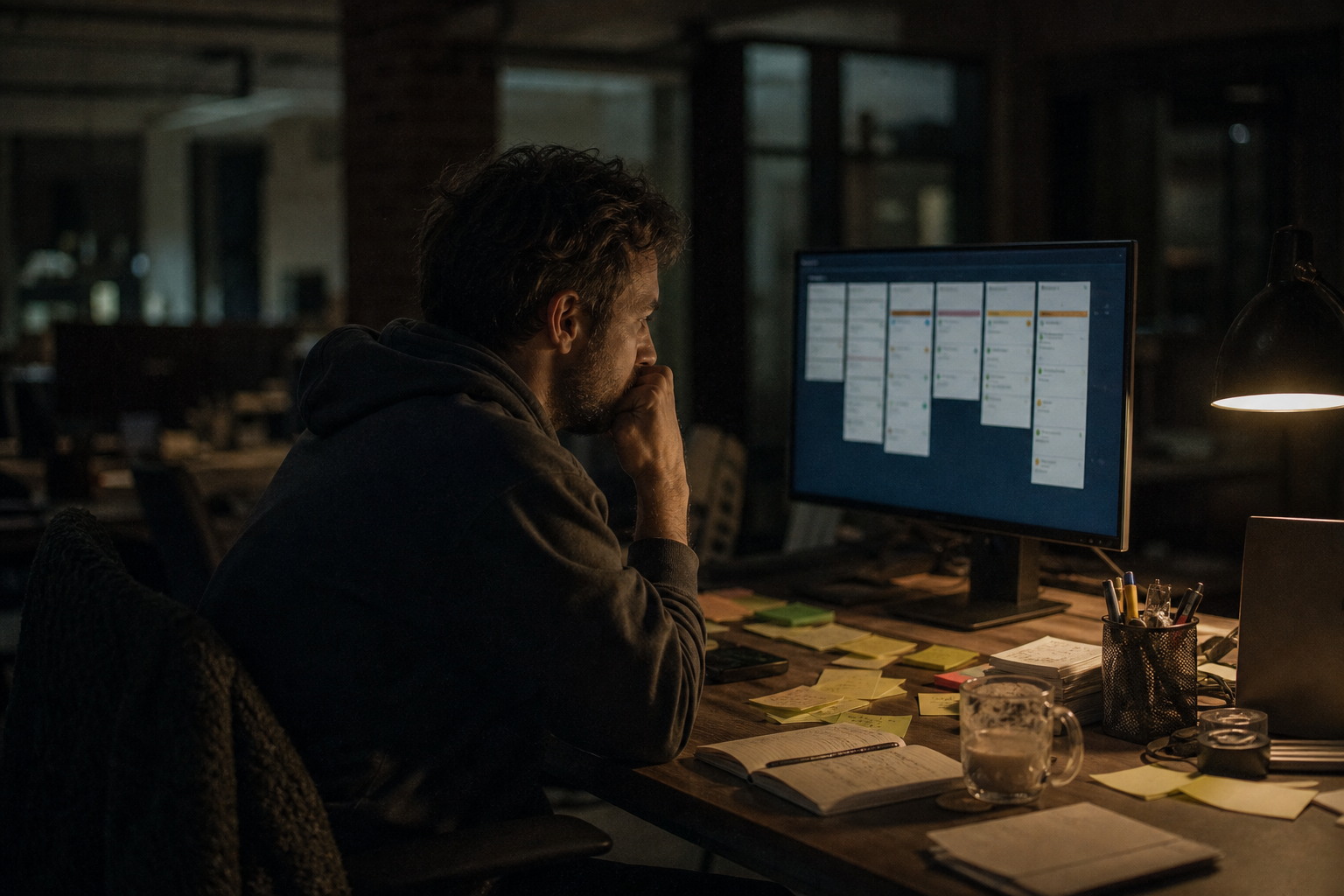 B2B SaaS founder reviewing a pipeline board on a monitor late in the evening