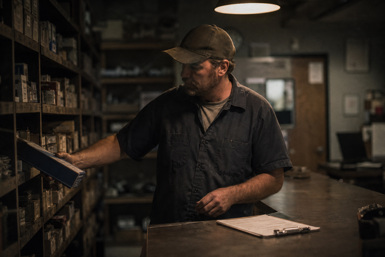 Parts counter clerk pulling a component from a warehouse shelf under an overhead lamp