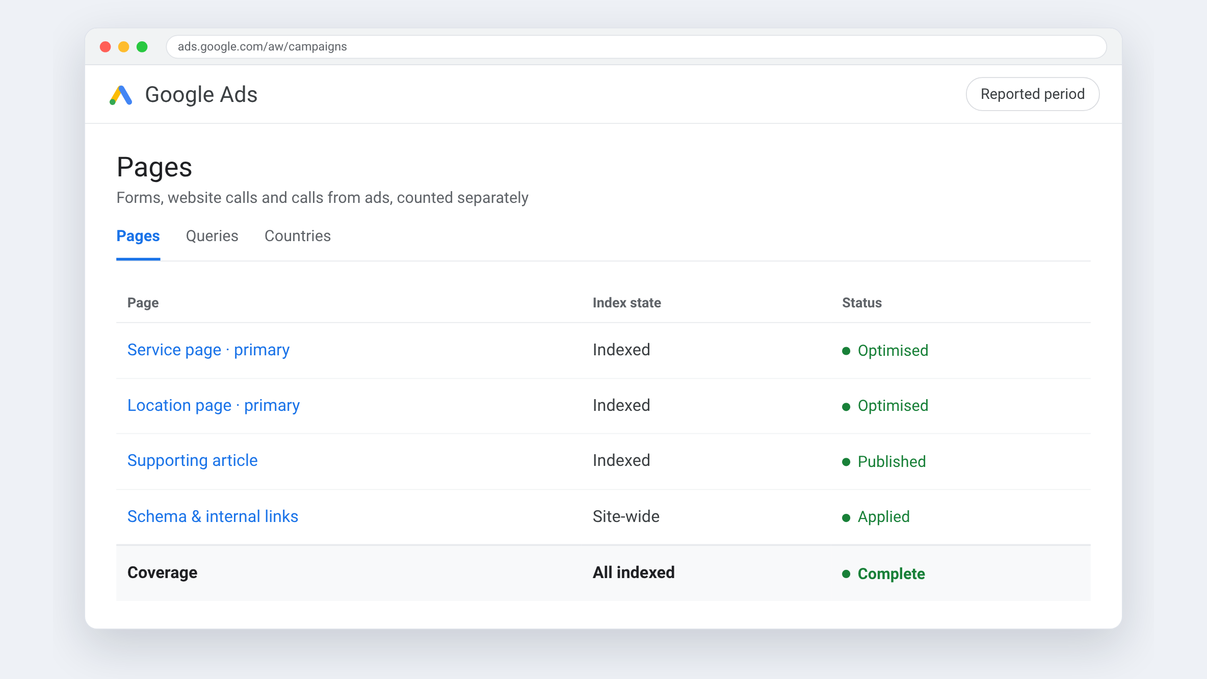 Google Ads view for Nettoyage Danfour — Forms, website calls and calls from ads, counted separately
