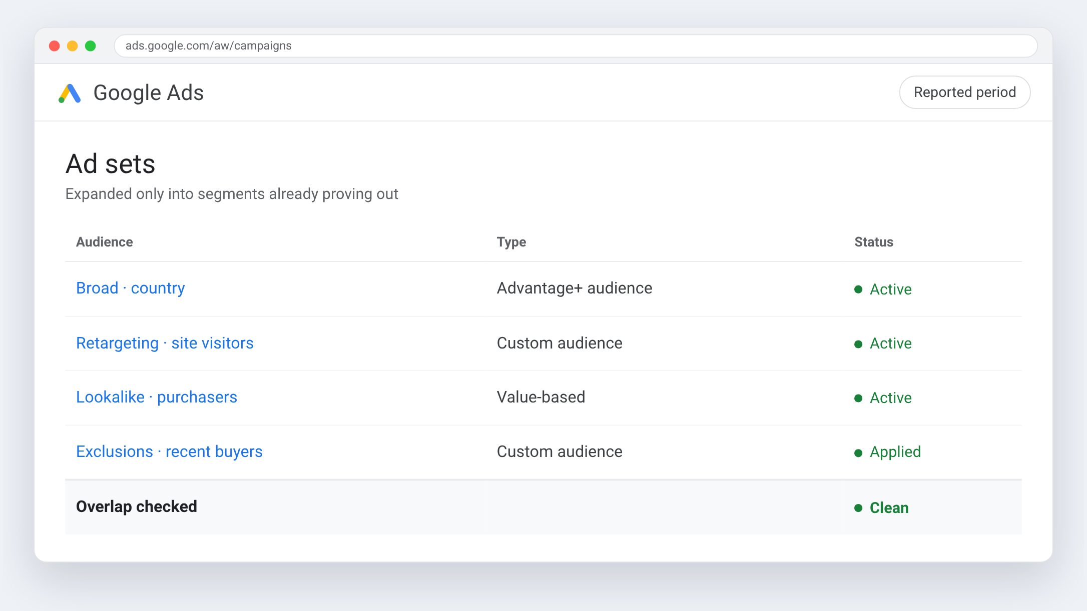 Google Ads view for Living Beauty — Expanded only into segments already proving out
