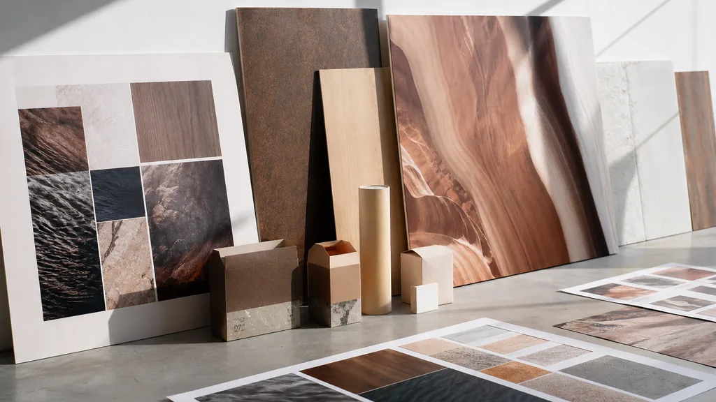 Editorial photograph of printed brand boards, packaging proofs and a large exhibit graphic panel leaning against a pale studio wall in cool Colorado morning light