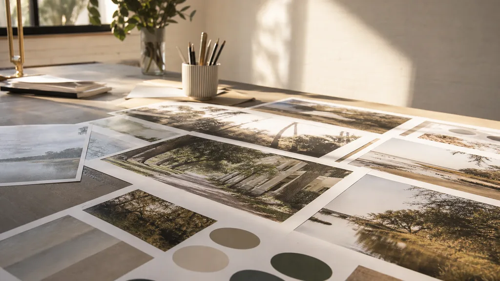 Editorial photograph of printed brochure proofs and logo boards spread across a wide studio table in warm Louisiana afternoon light