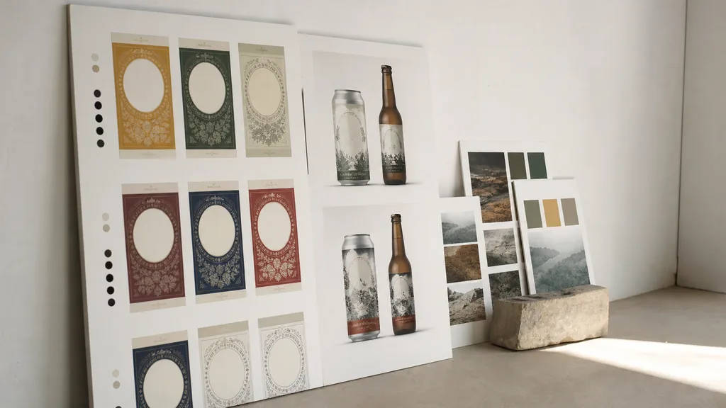 Editorial photograph of beer label proofs and printed identity boards leaning against a pale studio wall in clear high desert morning light