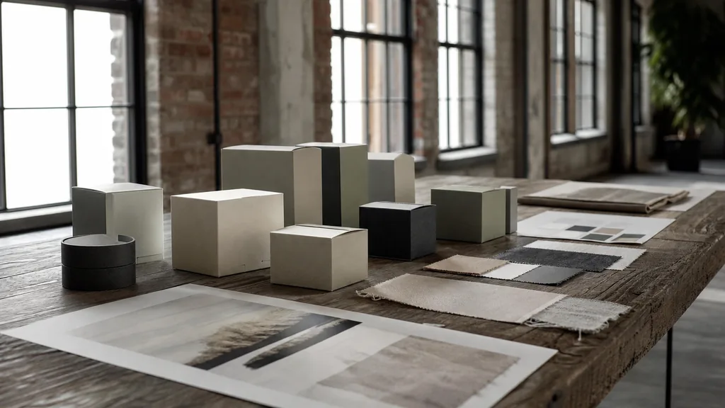 Editorial photograph of packaging mockups and printed brand boards arranged on a long table in a converted mill studio with cool New England daylight