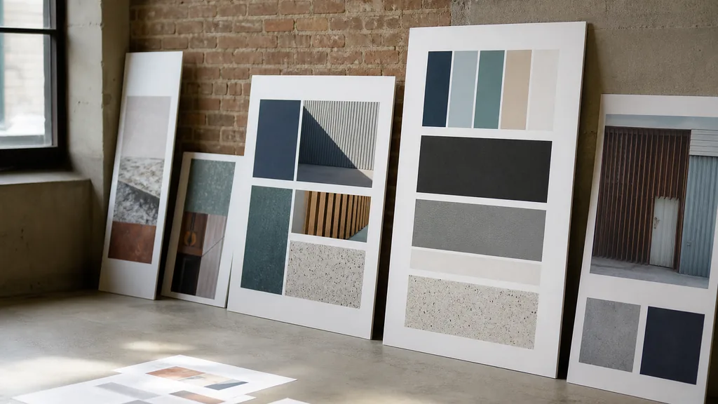 Editorial photograph of printed identity boards and signage proofs leaning against a brick studio wall in soft grey Great Lakes daylight