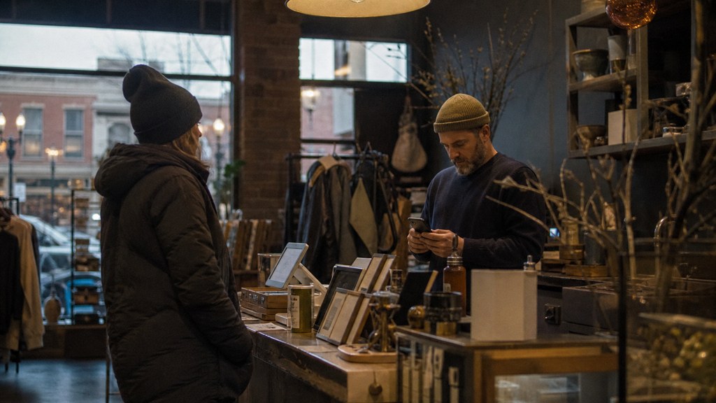 A shop manager standing behind the counter checking a phone while a customer waits at the till, photographed in Spokane