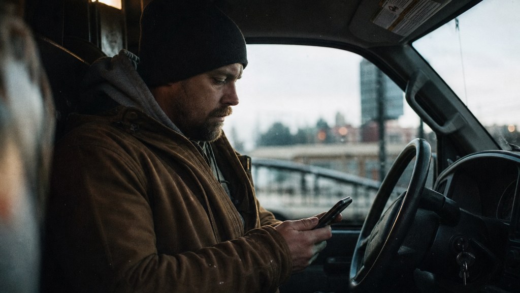 A contractor sitting in the cab of a work van reviewing a phone before driving off, photographed in Spokane