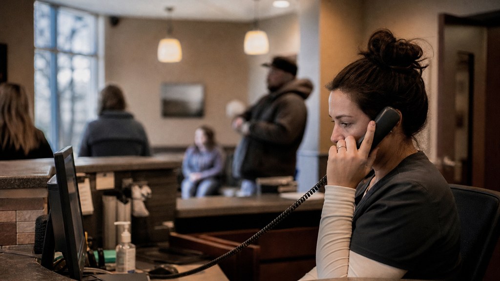 A clinic receptionist taking a phone call at a busy front desk with patients waiting, photographed in Spokane