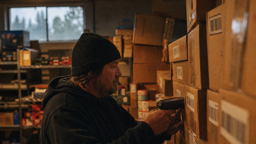 A seller checking barcodes on stacked cartons in a garage stockroom, photographed in Spokane