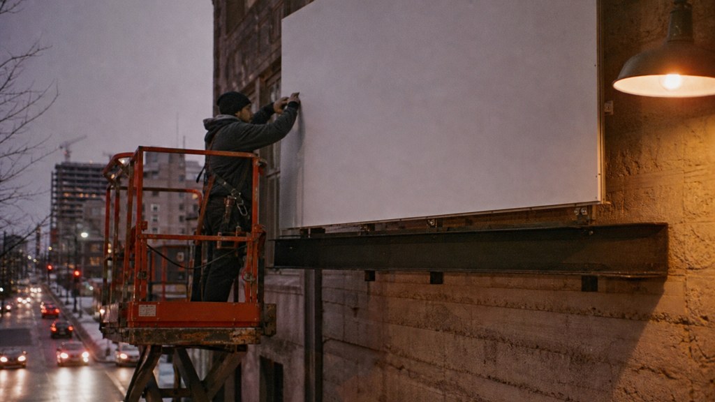 A crew member on a lift installing a blank billboard panel above a busy street, photographed in Spokane