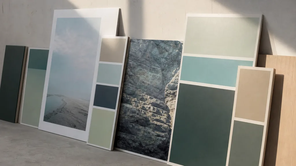 Editorial photograph of printed brand boards and bilingual signage proofs leaning against a pale studio wall in soft Welsh morning light
