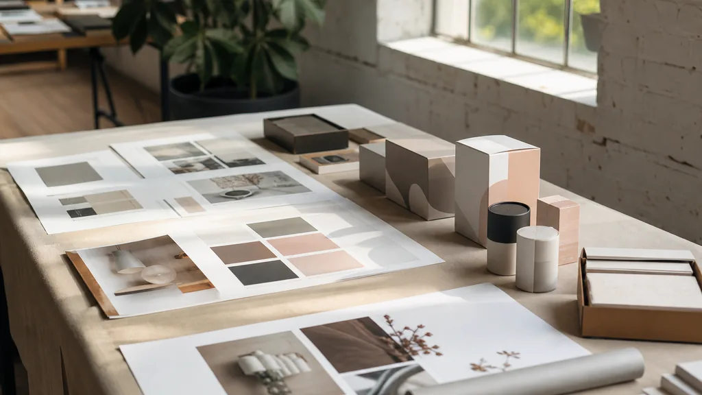 Editorial photograph of printed identity boards and product packaging proofs arranged on a long table in a bright loft studio with warm Carolina daylight