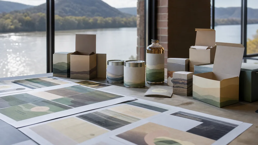 Editorial photograph of packaging mockups and printed label proofs spread across a wide studio table beside a tall window in cool Ohio River valley daylight