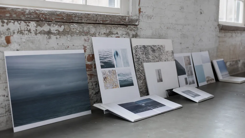 Editorial photograph of printed exhibition graphics and annual report proofs leaning against a brick studio wall in soft grey Great Lakes daylight