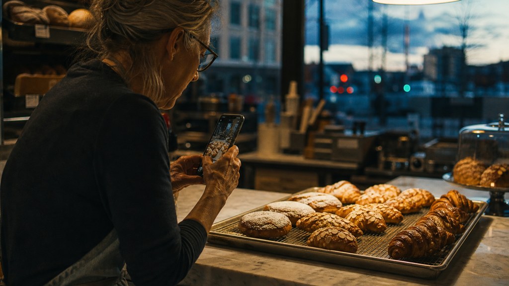 A bakery owner photographing a tray of pastries on a marble counter at dawn, photographed in Spokane